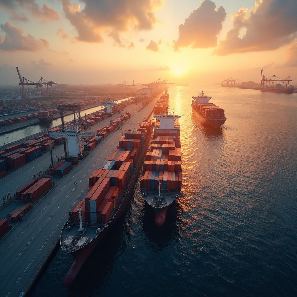 Aerial view of cargo ships at modern port terminal